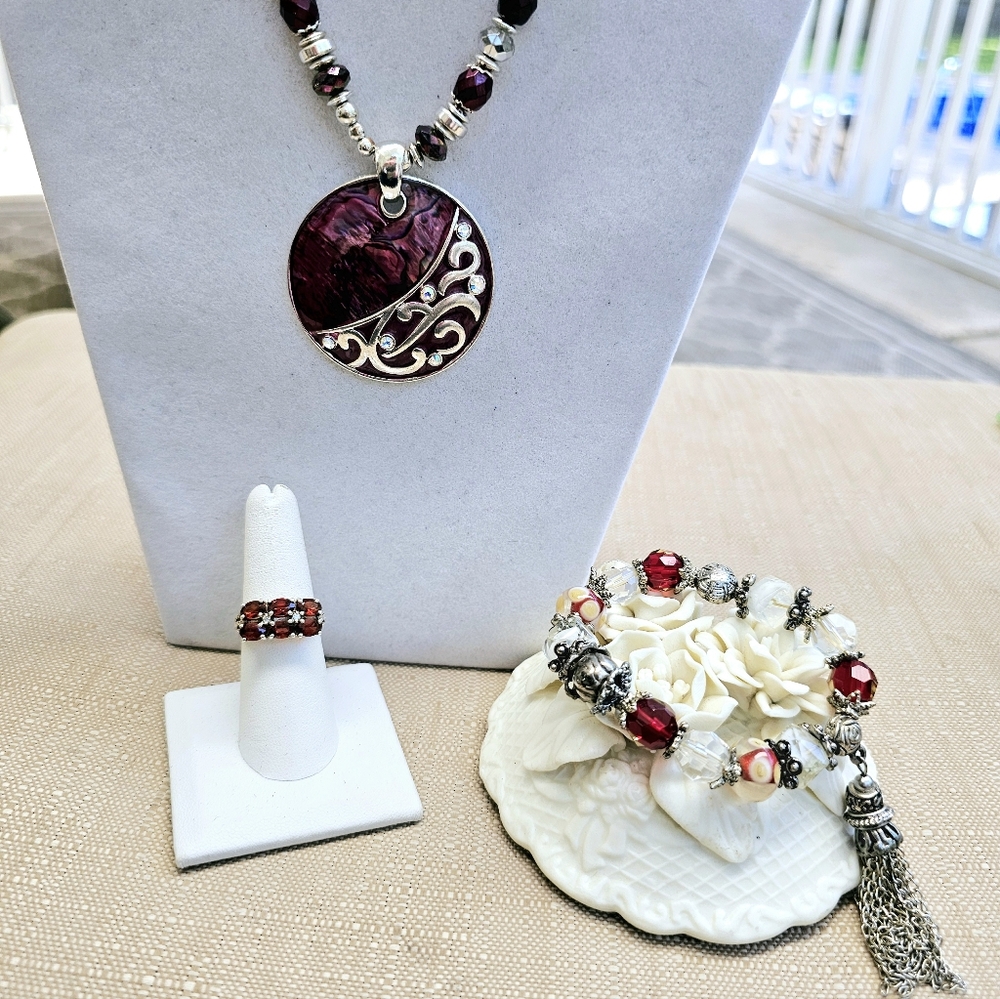 SET! Garnet 925 Ring with Stretchy Glass Bead Bracelet and Beaded Necklace